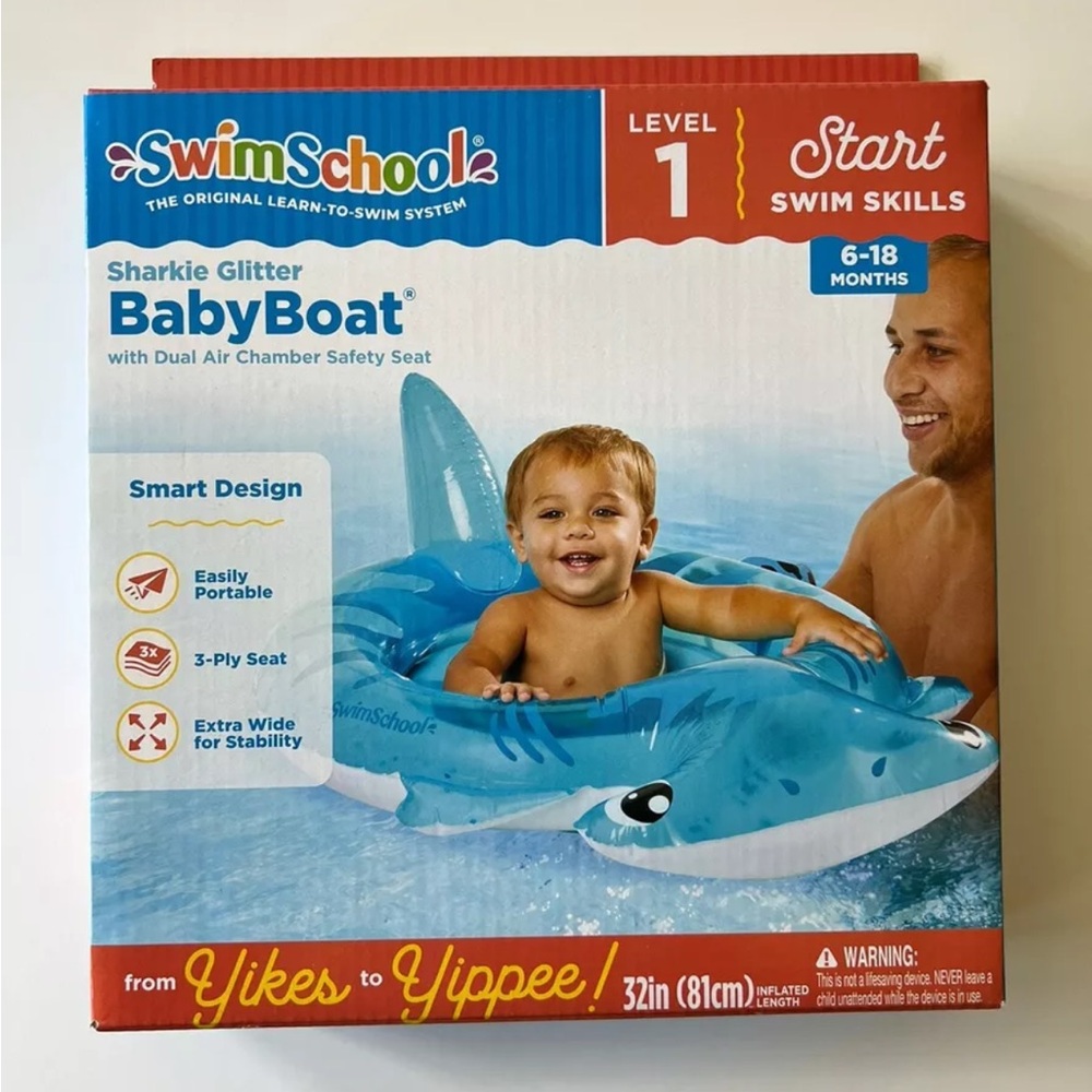 Swim School Sharkie Glitter 32" Baby Boat Pool Float 3-ply Seat 6-18 Months